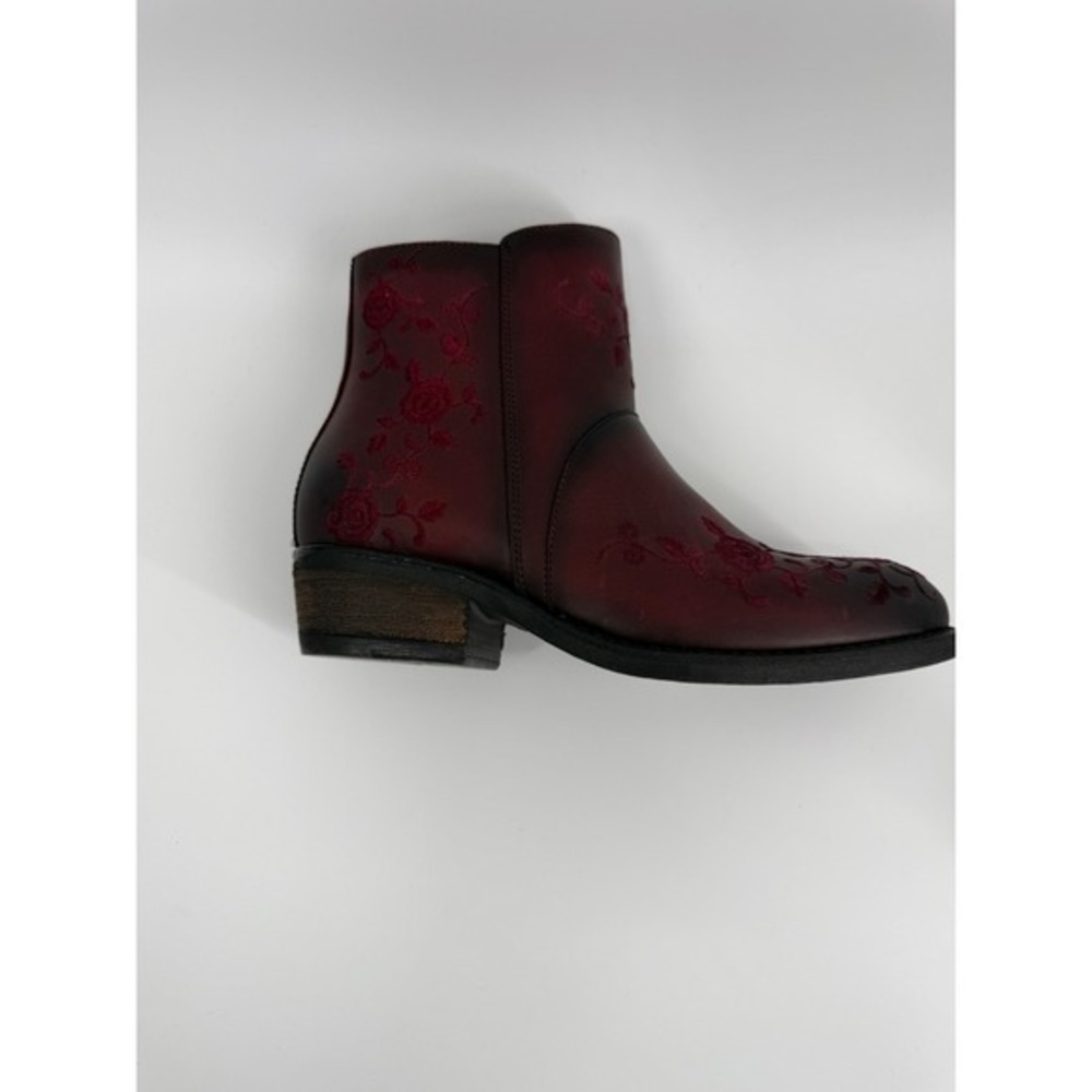 Taos Womens Burgundy Embroidered Ankle Boots Side Zip Low Heel Size 37